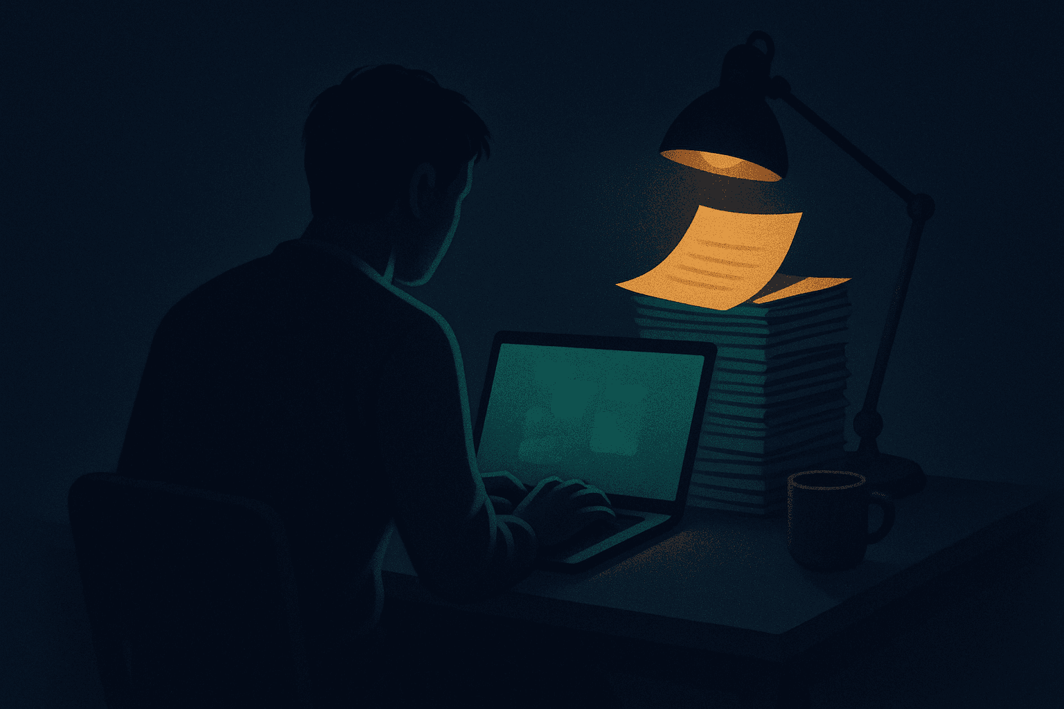 A freelancer at a laptop late at night, sending a proposal while a client's hand lifts one from a stack